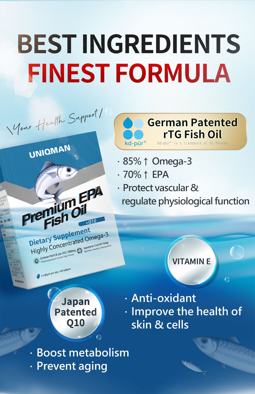Patented rTG Fish Oil with 85% Omega 3 and 70% EPA with Q10 to improve cardiovascular wellness.