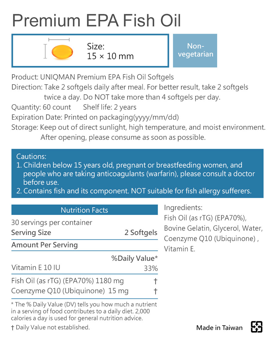 UNIQMAN Premium EPA Fish Oil has tested no heavy metal, and high EPA content.