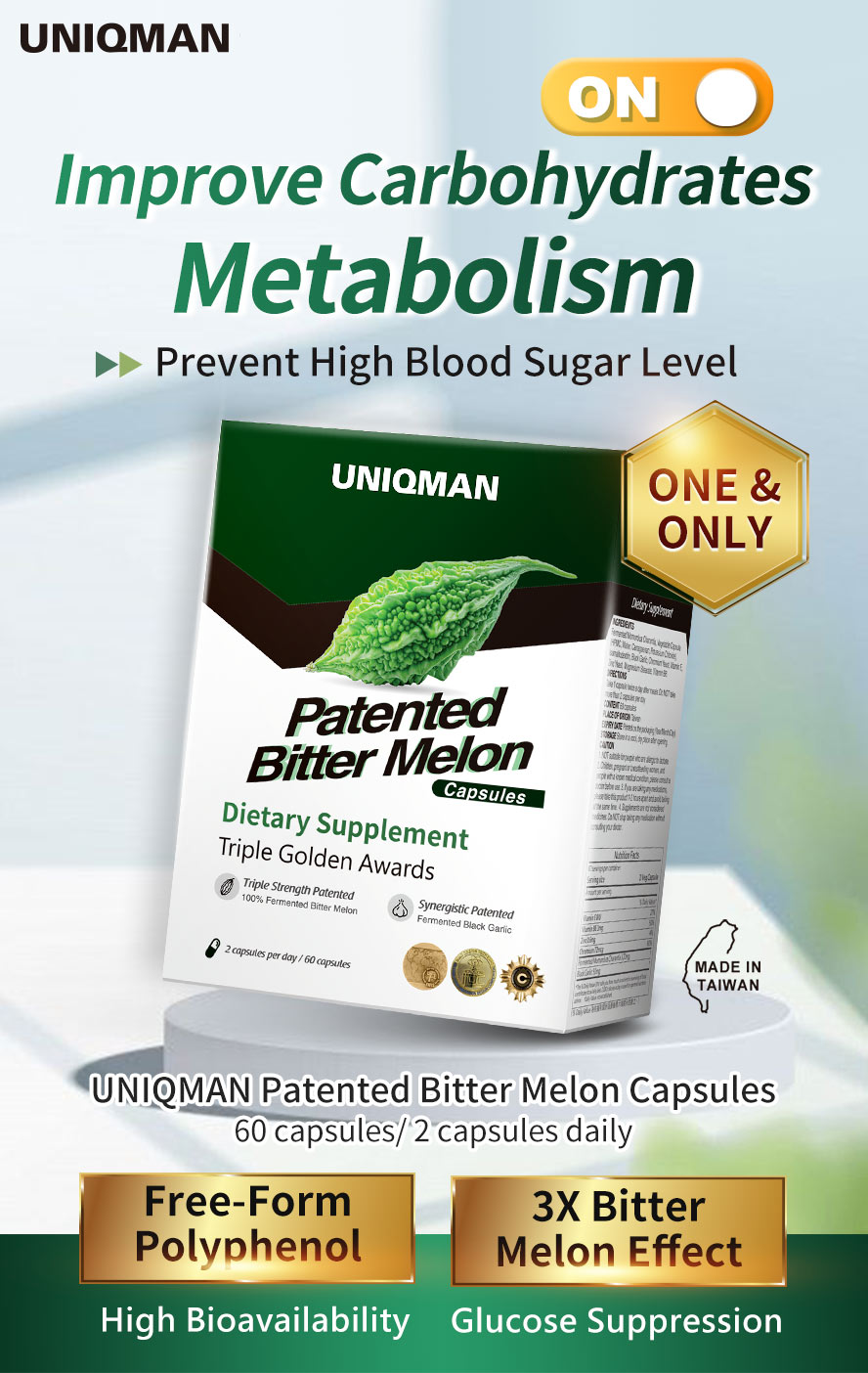 UNIQMAN Patented Bitter Melon is the only patented bitter melon to soothe blood sugar fluctuation