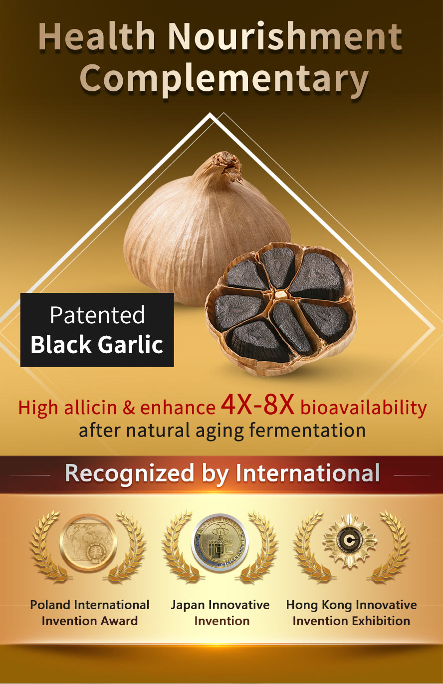 Patented Black Garlic has high allicin & 4X-8X bioavailability after aging fermentation