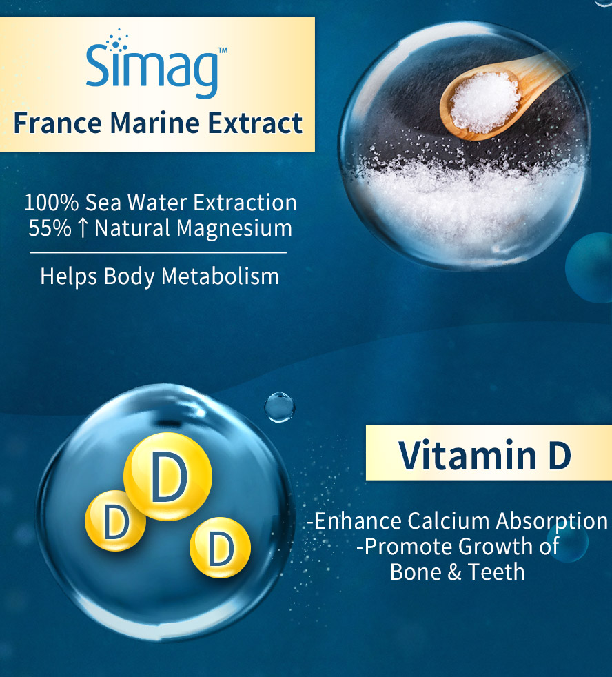 Natural France Marine Extracted natural magnesium & vtiamin D to promote body metyabolism, enhance calcium absorption & growth of bone & teeth