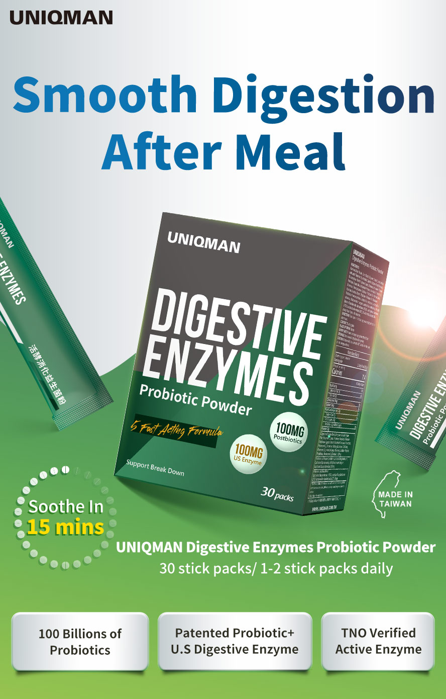 UNIQMAN Enzymes Probiotic has billions of probiotic to smooth digestion after meal & prevent bloating