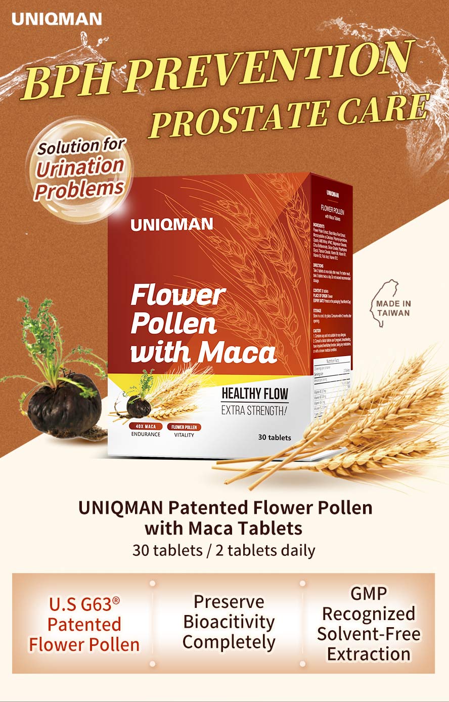 UNIQMAN Patented Flower Pollen with Maca can support prostate care with BPH prevention.
