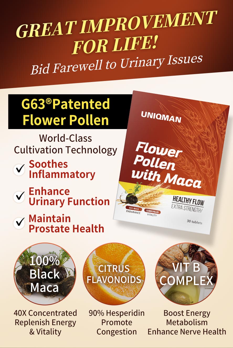 UNIQMAN Patented Flower Pollen with Maca has added black maca, citrus flavonoids, and vitamin B to replenish energy, promote congestion, and boost metabolism for overall prostate health.