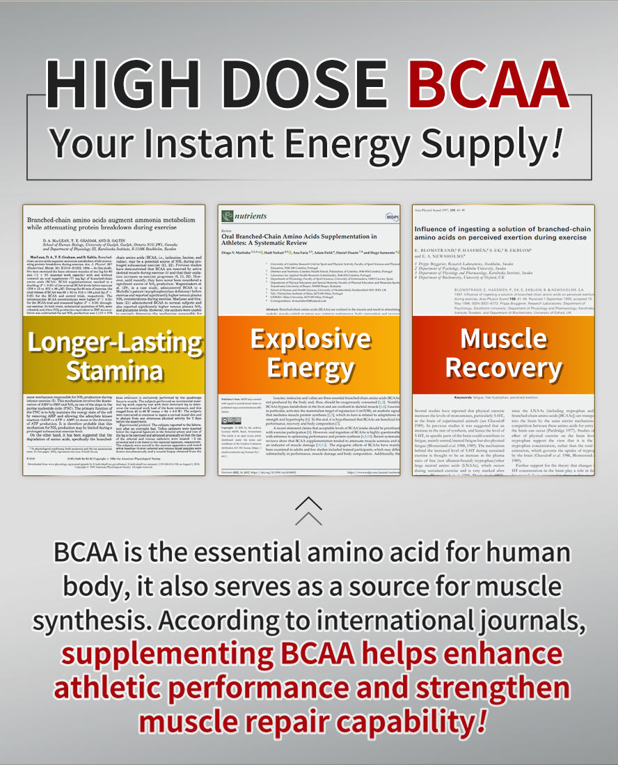 BCAA helps enhance athleticperformacne and strengthen muscle repair capability.