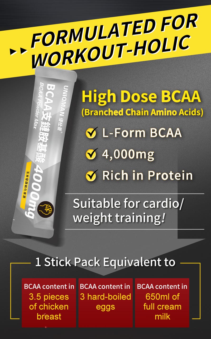 UNIQMAN BCAA Poweder Max 4000mg us formulated for every workout holic with rich protein.