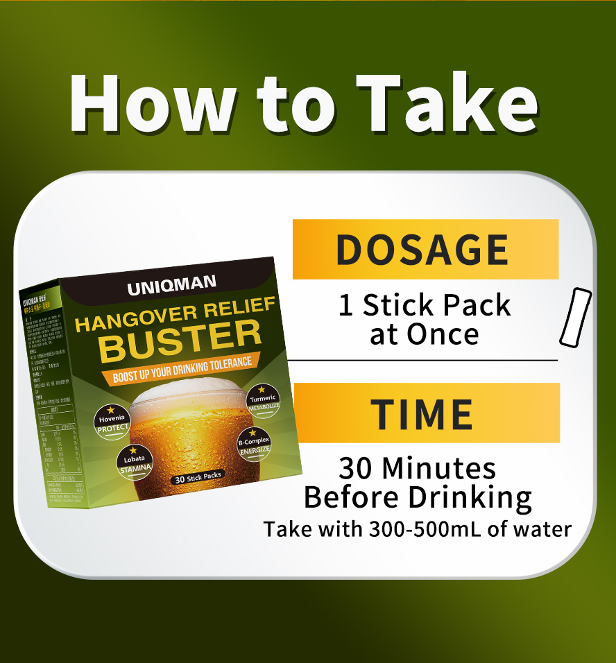 Take UNIQMAN Hangover Relief Buster 30 minutes before drinking for best effect