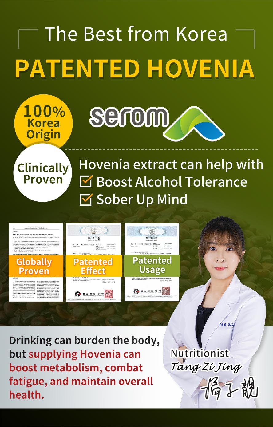 Patented hovenia has clinically proven can effectively sober up mind and promote good drinking tolerance which recommended by nutritionist