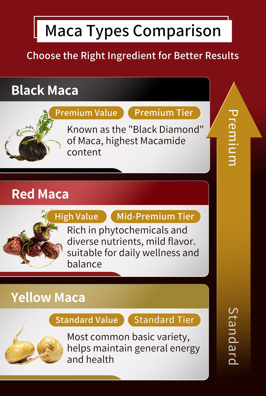 Men's Essential: Black Maca's nutritional value far surpasses Yellow and Red Maca! UNIQMAN only selects top-tier Black Maca for premium men's health.