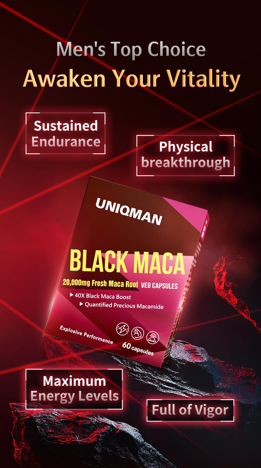 Awaken Your Power: UNIQMAN Black Maca 40x concentration&mdash;fully recharge your spirit and strength for peak performance.