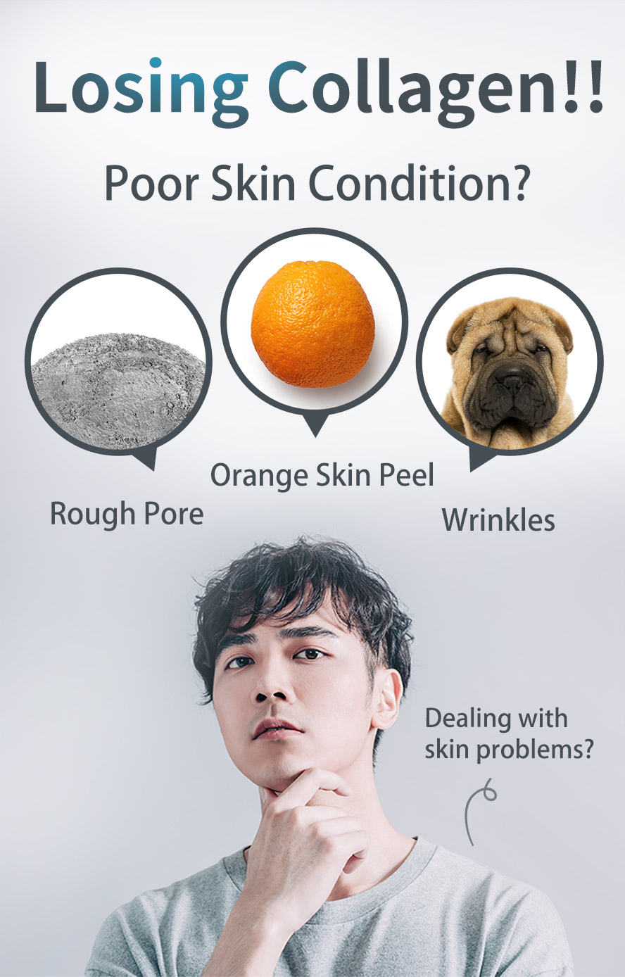 Lose of collagen can cause poor skin condition such as rough pores, wrinkles and saggy skin.