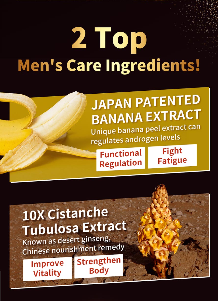 Patented banana extract and Cynomorium songaricum help boost confidence and enhance nighttime performance.