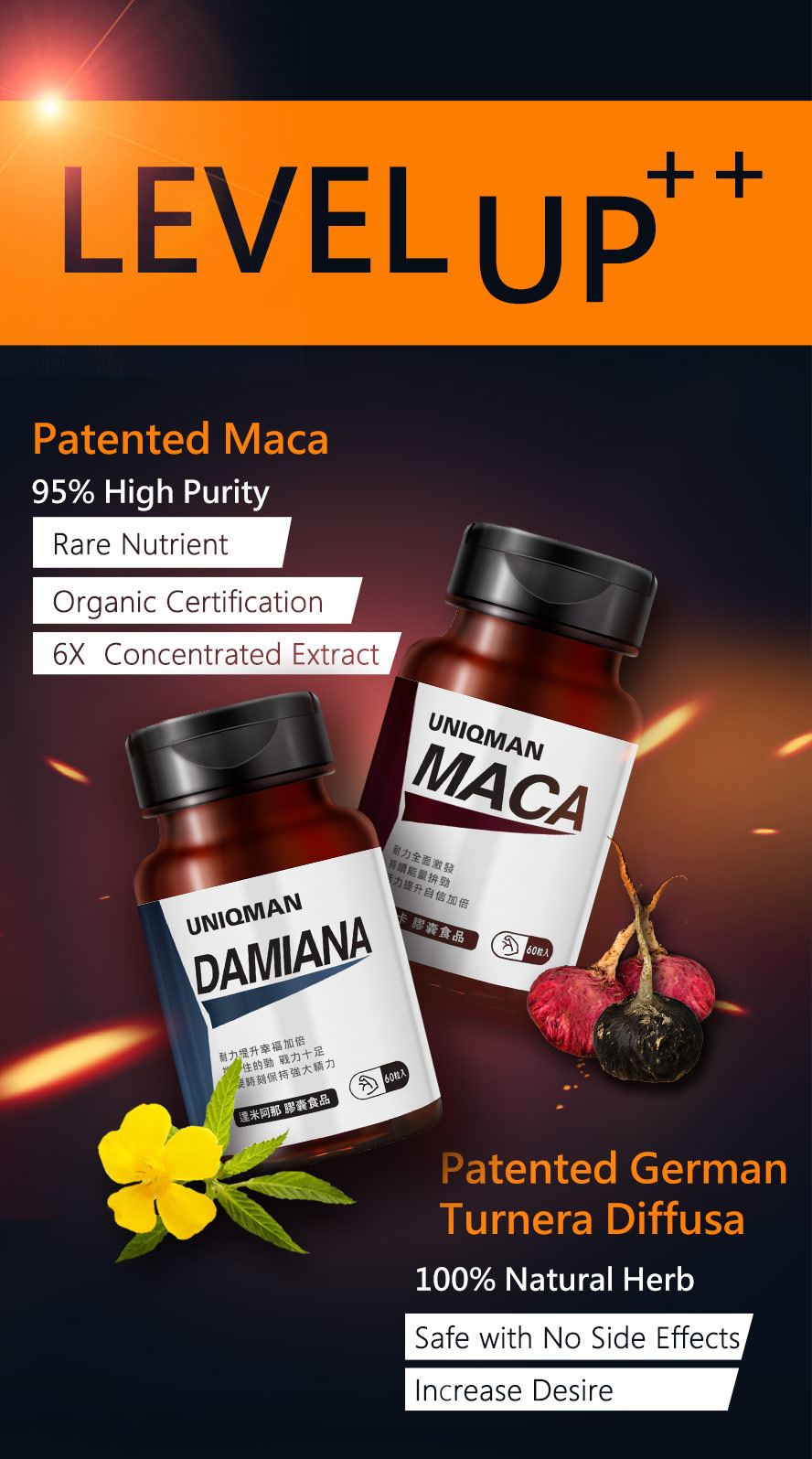 UNIQMAN Maca, 95% high-purity patented black-red maca, 6 times highly concentrated, which can quickly replenish men's physical strength and restore energy