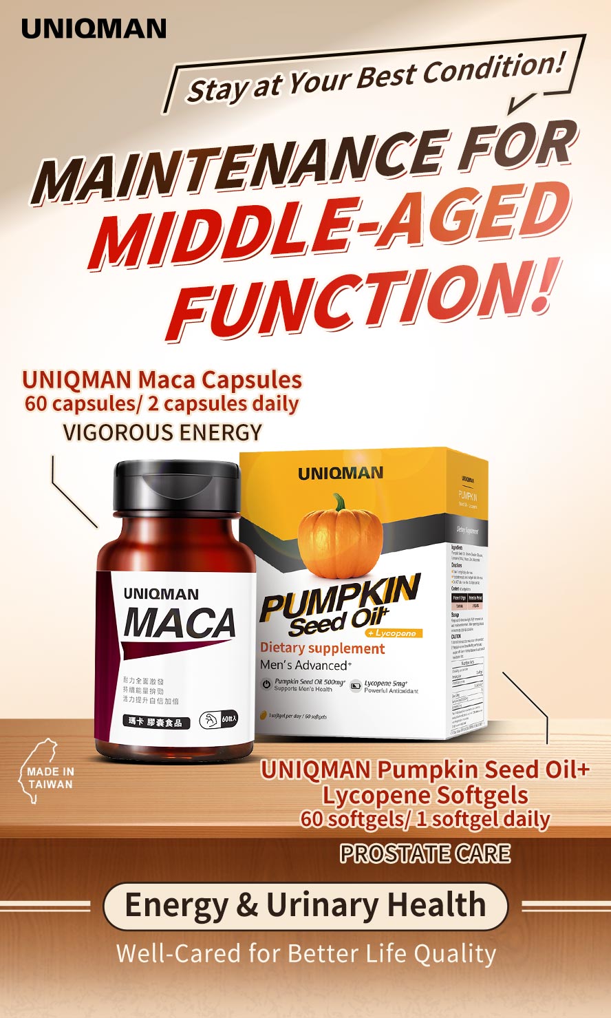 UNIQMAN Maca + Pumpkin Seed Oil is a middle age care for men to replenish energy and urinary health.