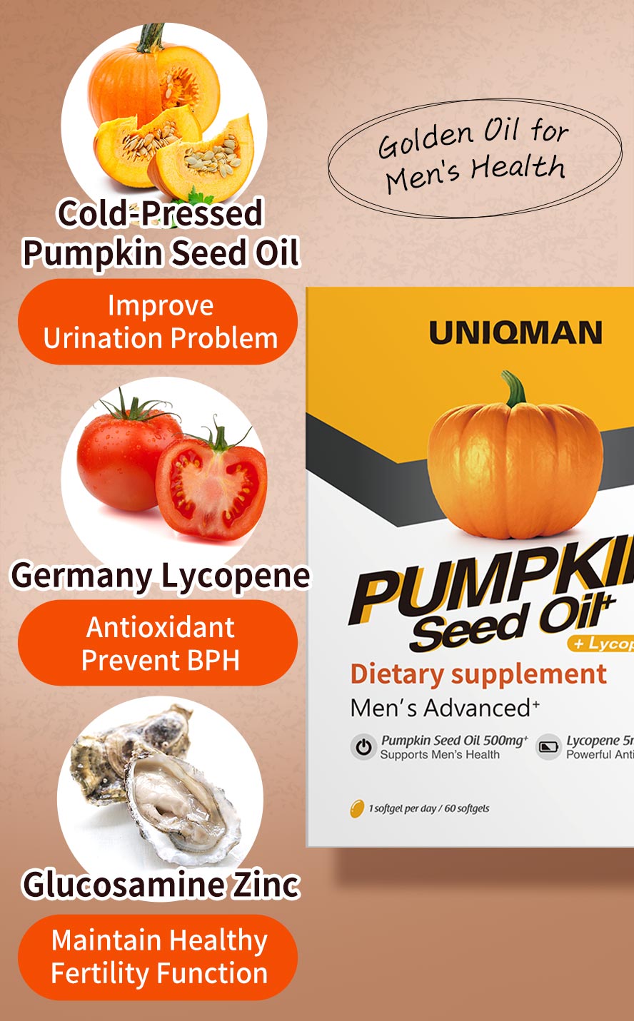 UNIQMAN Pumpkin Seed Oil can improve urination issues and prevent BPH with the add of lycopenen and zinc.