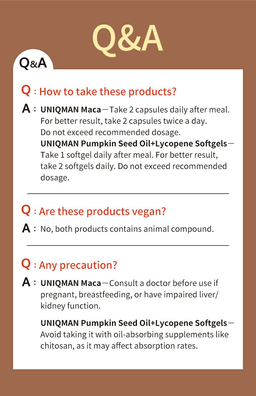FAQ of UNIQMAN Maca + Pumpkin Seed Oil.