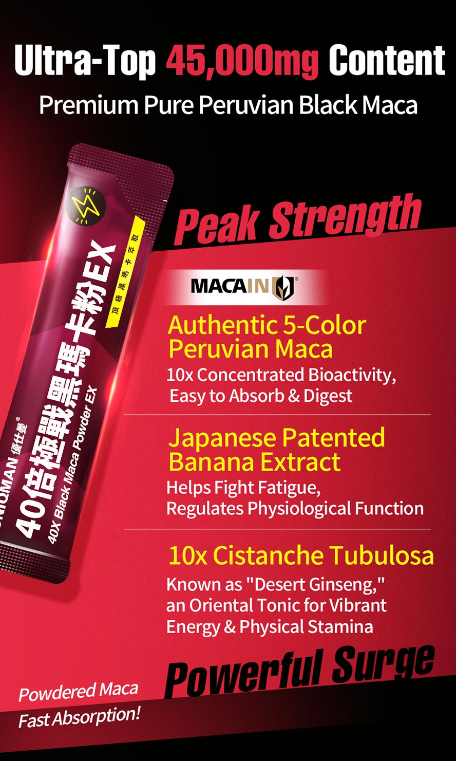 UNIQMAN 40X Maca Powder contains 45,000mg pure black and 5-color maca with banana and Cistanche extracts to boost stamina.
