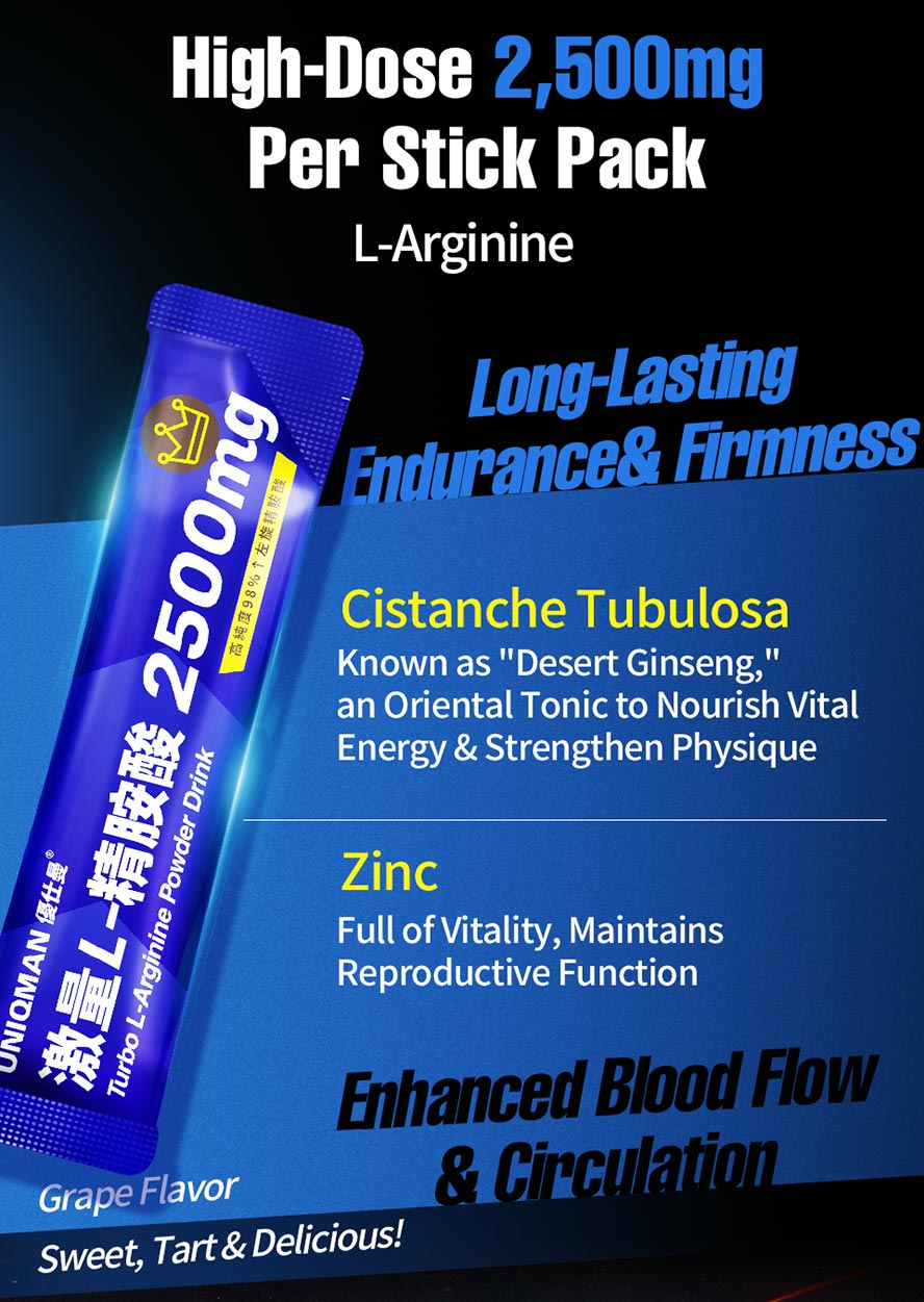 UNIQMAN Turbo L-Arginine contains 2,500mg L-arginine plus Zinc to aid blood flow and supports male vitality and intimate performance.