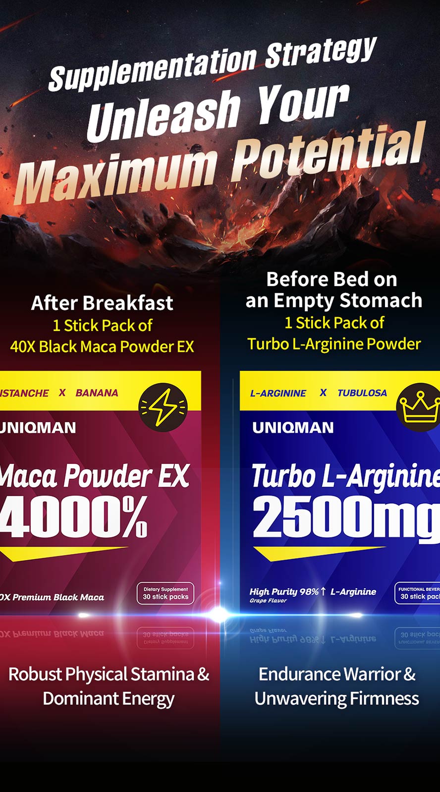 Take Maca powder after breakfast; take Arginine drink before bed to boost nitric oxide, dilate vessels, and extend stamina.
