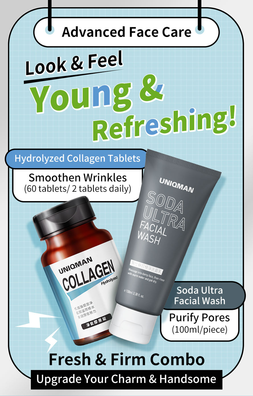 UNIQMAN Collagen + Soda Ultra Facial Wash can promote deep cleansing and skin firmness.
