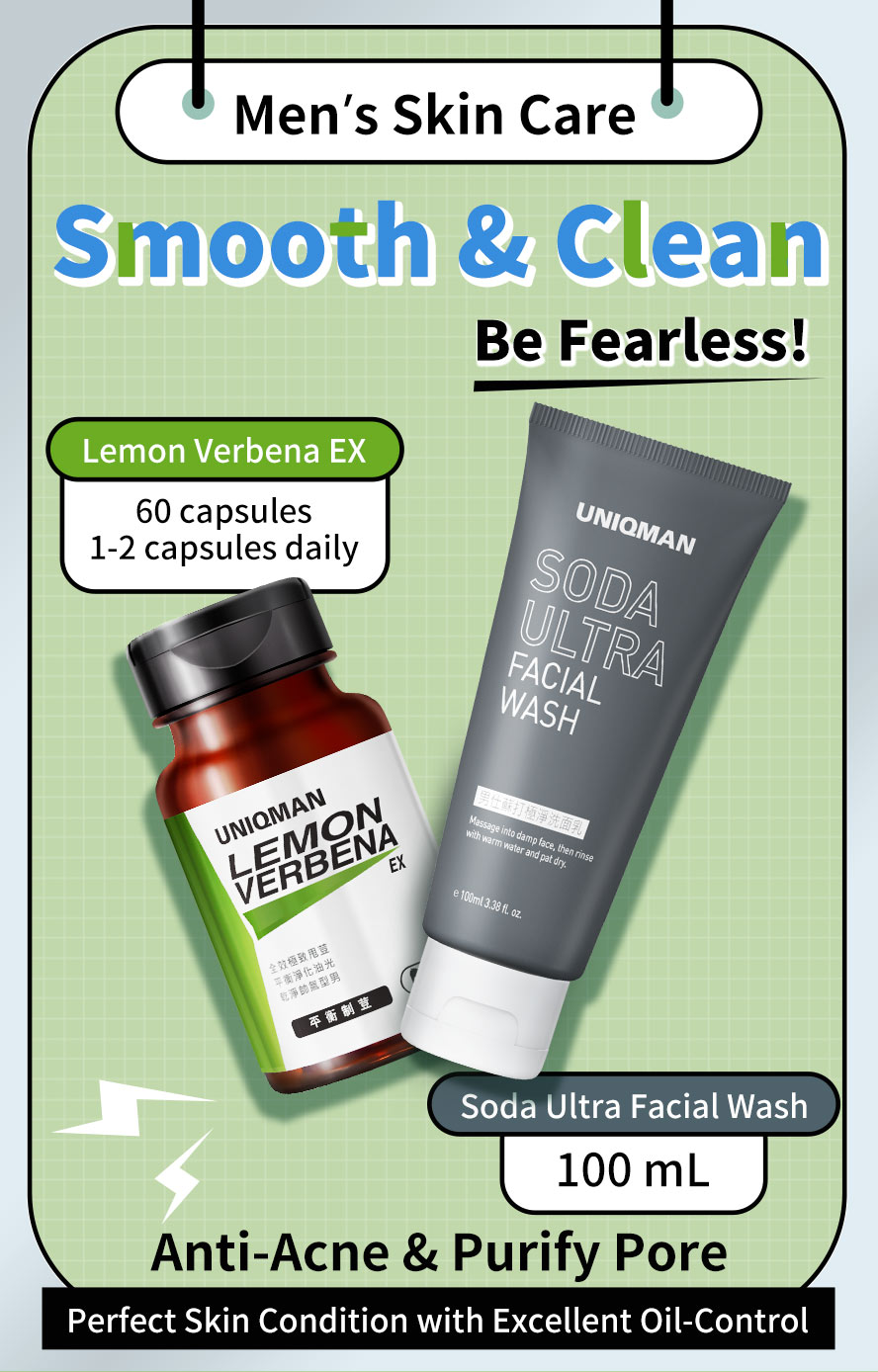 UNIQMAN Lemon Verbena EX + Soda Ultra Facial Wash promtoe anti-acne and pore purifying purpose.