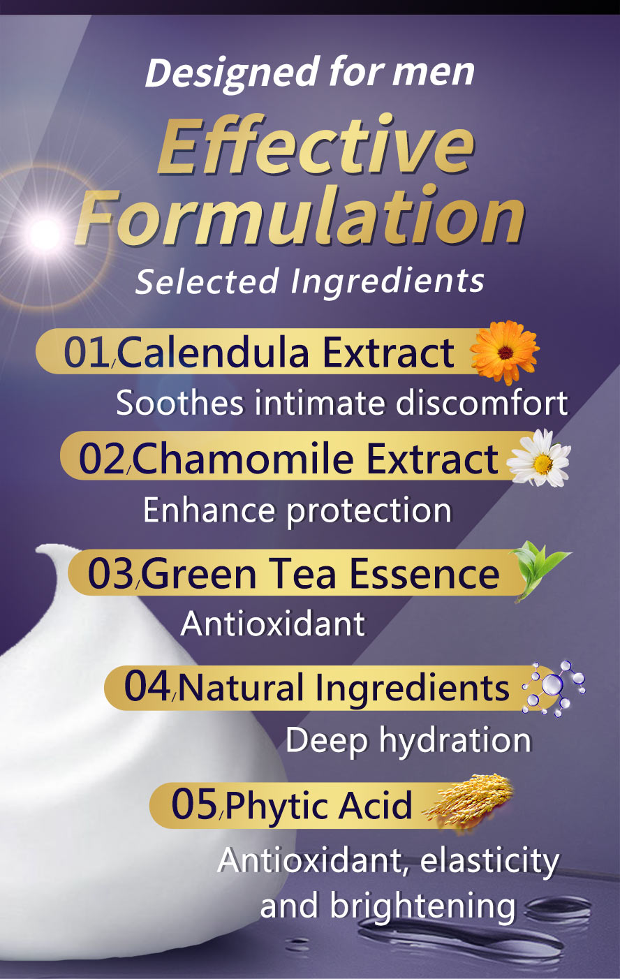 UNIQMAN Male Mousse contains marigold, chamomile, green tea and mint that are created of natural Ingredients.