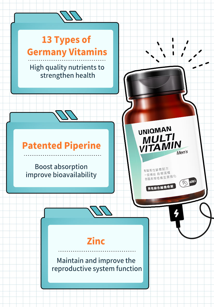 UNIQMAN Multivitamin contains 13 types of German Vitamins, patented piperine, and zinc to strengthen health, improve reproductive system function