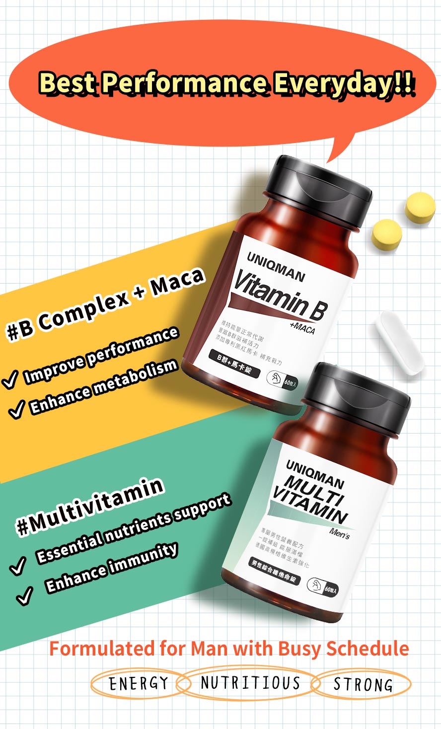 UNIQMAN B Complex+Maca & Multivitamin are formulated for men with busy schedule, they can improve performance, enhance metabolism, support sufficient nutrition, and enhance immunity