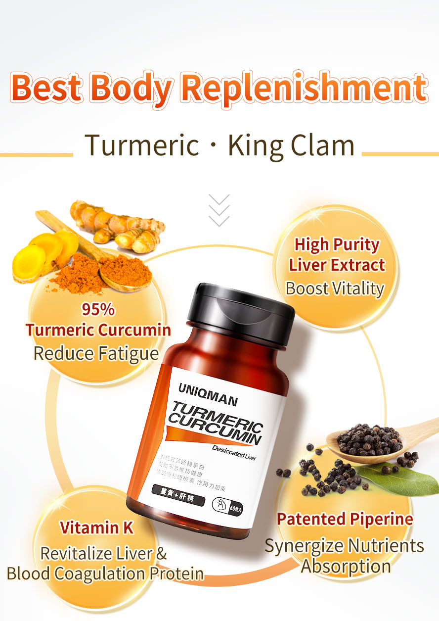 UNIQMAN Turmeric Curcumin contain 95% pure turmeric curcumin, liver extract, vitamin k and patented piperine to relief tiredness, revitalize liver and boost vitality