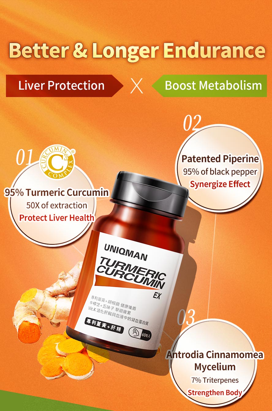 UNIQMAN Turmeric Curcumin + Liver Extract contains 95% turmeric curcumin, patented piperine, and vitamin K to help protect liver.