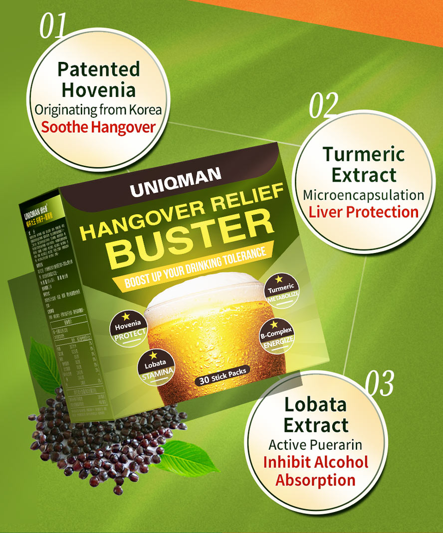 UNIQMAN Hovenia uses Korea Hovenia, pineapple enzyme, and vitamin B complex to metabolize alcohol, promote digestion, and maintain energy metabolism.