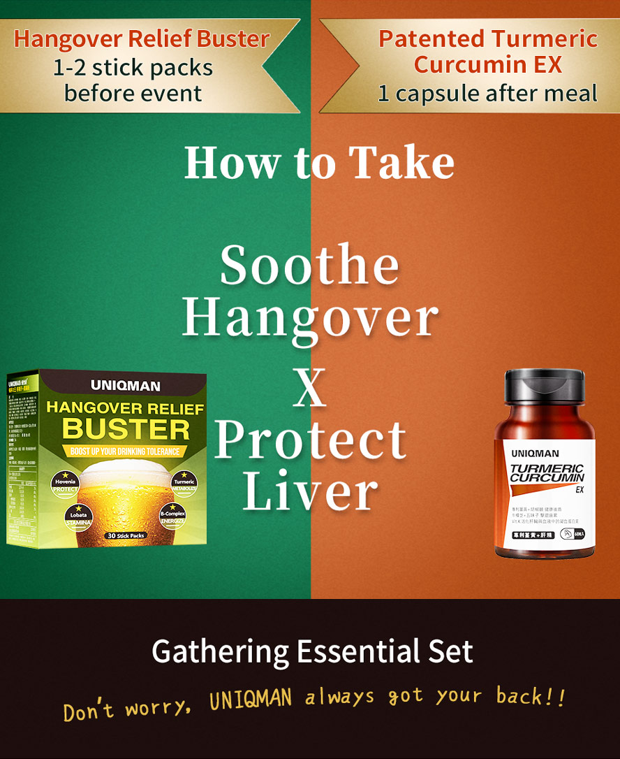 UNIQMAN Turmeric Curcumin + Liver Extract and Hovenia are gathering essential set to soothe hangover and protect liver, they can be consumed daily for better care.