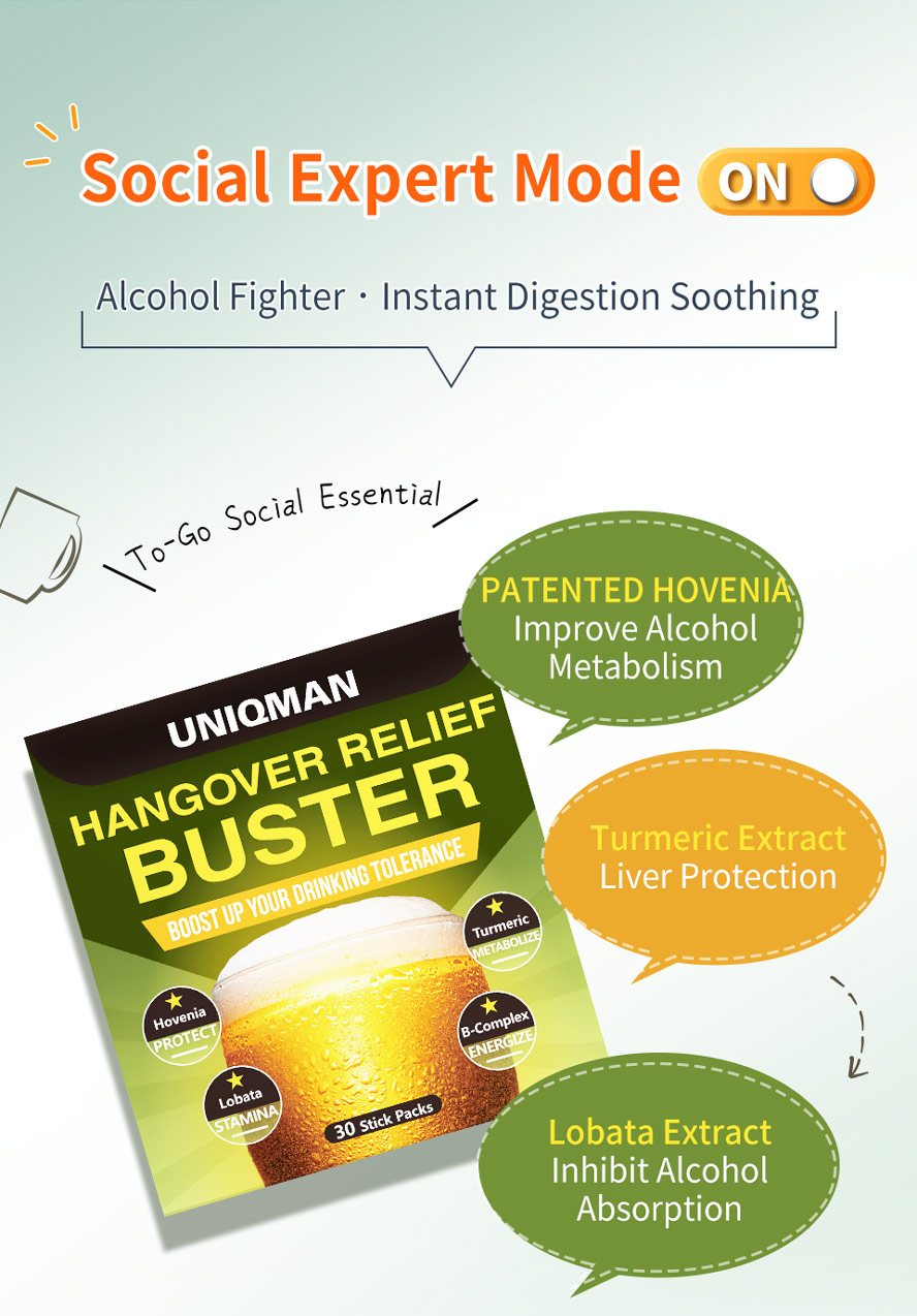 UNIQMAN Hovenia has korea hoviena, pineapple enzyme and vitamin k to improve alcohol metabolism, soothe stomach discomfort anf protect liver after drinking