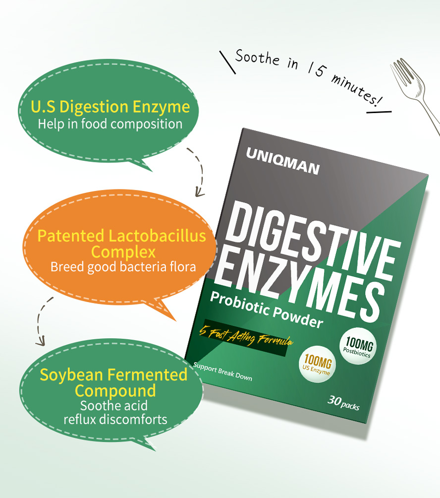 UNIQMAN Digestive Enzymes Probiotic is an instant digestion soothing supplement that contain U.S digestion enzyme, patented lactobacillus complex and soymen fermented compound to help food digest, breed good bacteria flora in stomach and soothe acid reflux discomforts