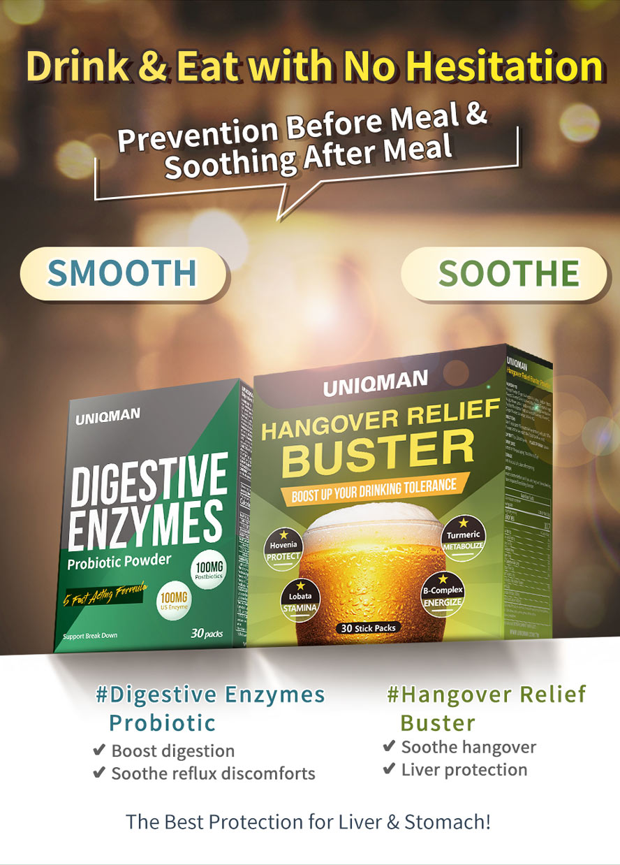 Take UNIQMAN Hovenia + Digestive Enzymes Probiotic the best set to protect stomach and liver during parties and gathering