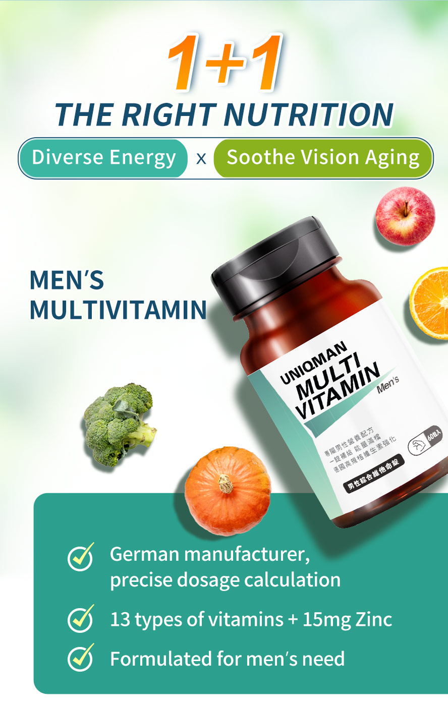 UNIQMAN Men's Mutivitamin has 13 vitamins and zinc to diverse energy and maintain health.