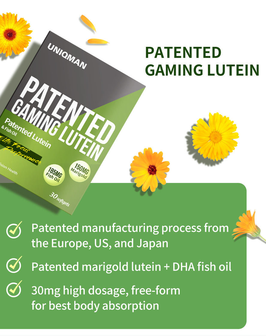 UNIQMAN Patented Gaming Lutein uses high dosage of patented lutein and DHA fish oil to soothe eyestrain, dry eyes, and protect eyes.