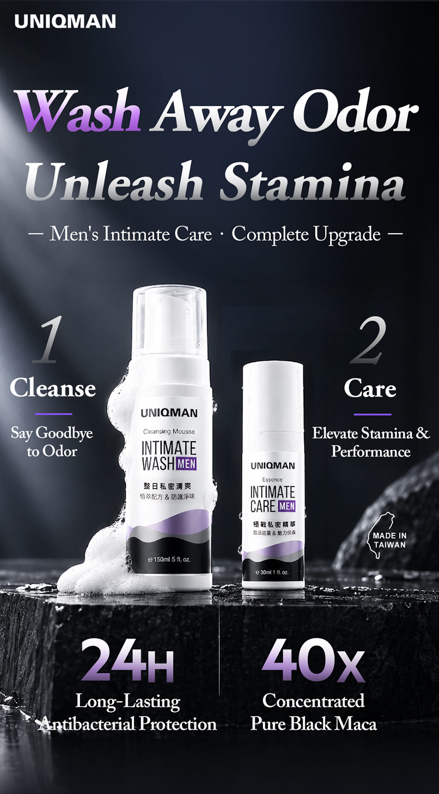 UNIQMAN Men's Intimate Care — Cleansing Mousse eliminates odor while Care Essence provides deep hydration. 24-hour antibacterial protection with 40x Black Maca for an all-around intimate care upgrade.