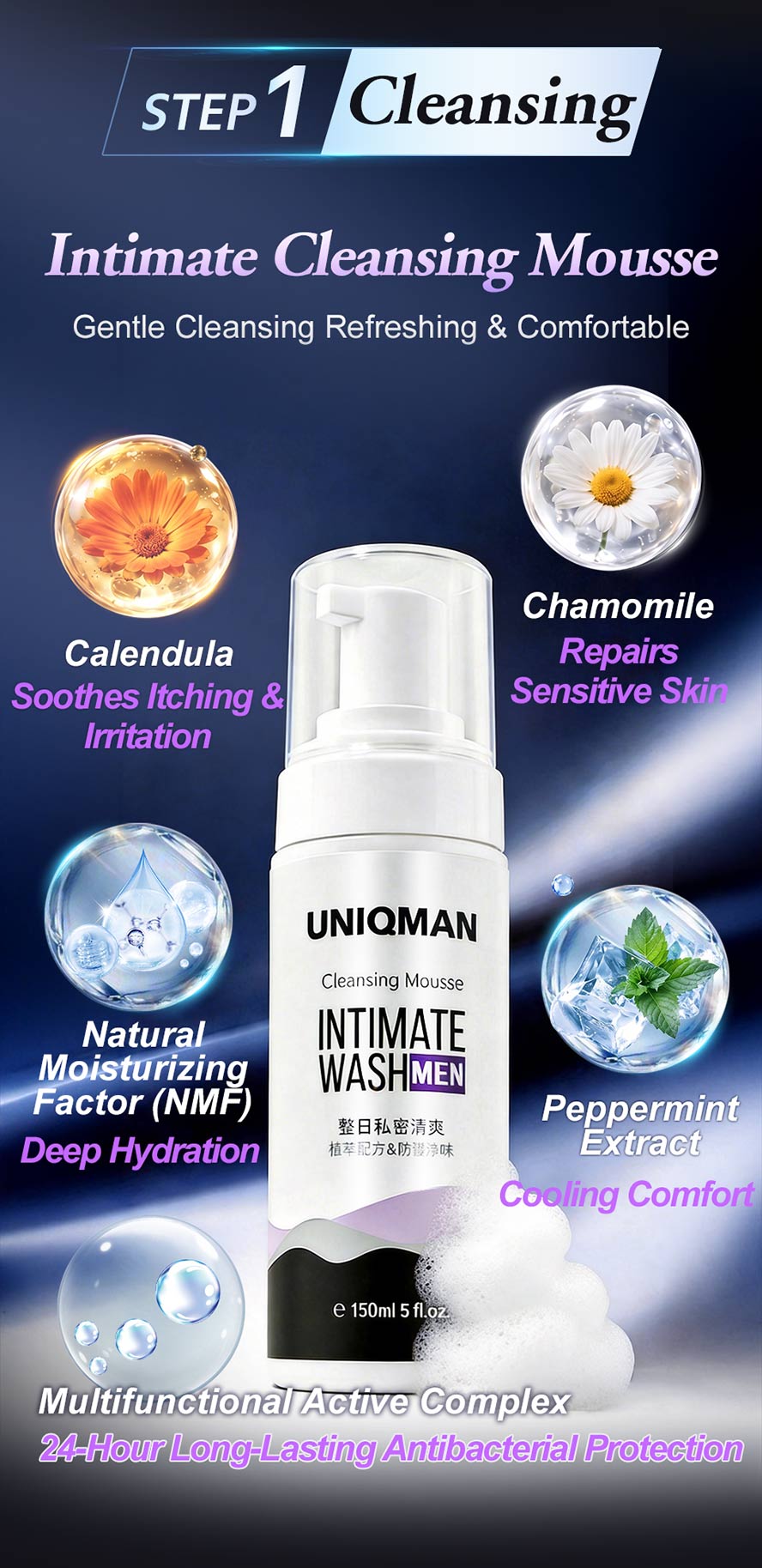 Recommended Men's Intimate Wash: Formulated with Calendula, Chamomile, Green Tea, and Peppermint to gently cleanse intimate areas and reduce discomfort.。