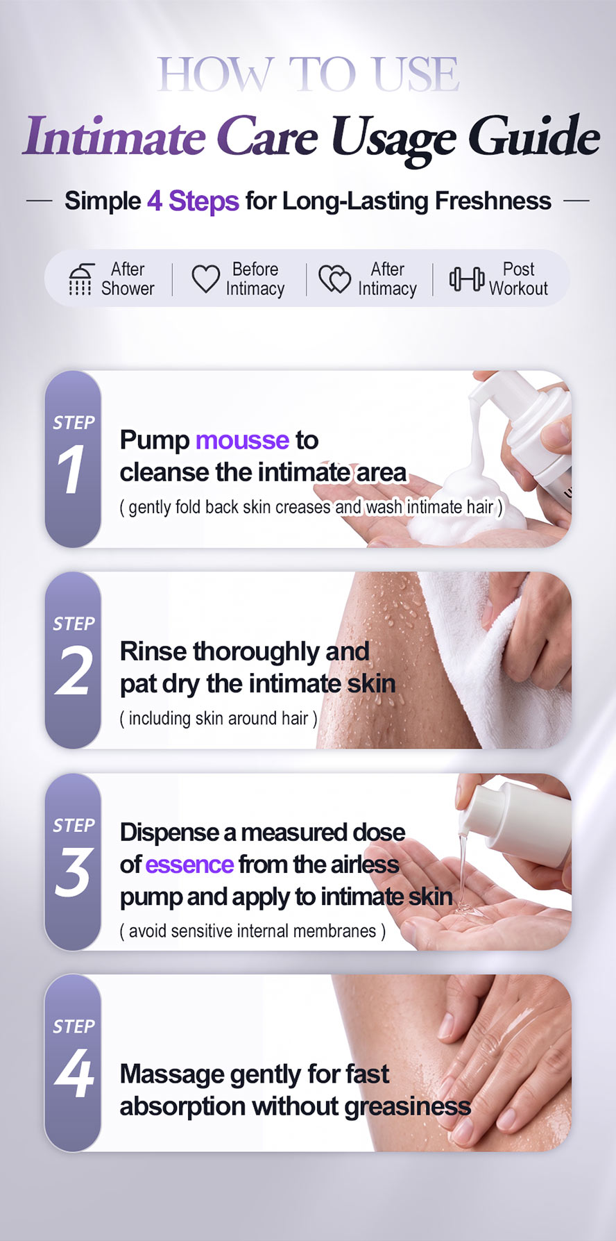 4-Step Men's Intimate Care: Cleanse with mousse, rinse & dry, apply essence, massage for fast absorption. Ideal post-shower, before/after intimacy, or after workouts.