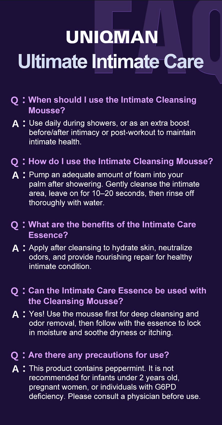 UNIQMAN Ultimate Intimate Care FAQ — Directions for use and important precautions explained.