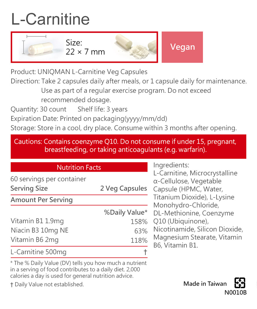 UNIQMAN L-Carnitine contains 250mg of Carnitine per serving to effectively burn fat and lower body fat percentage.