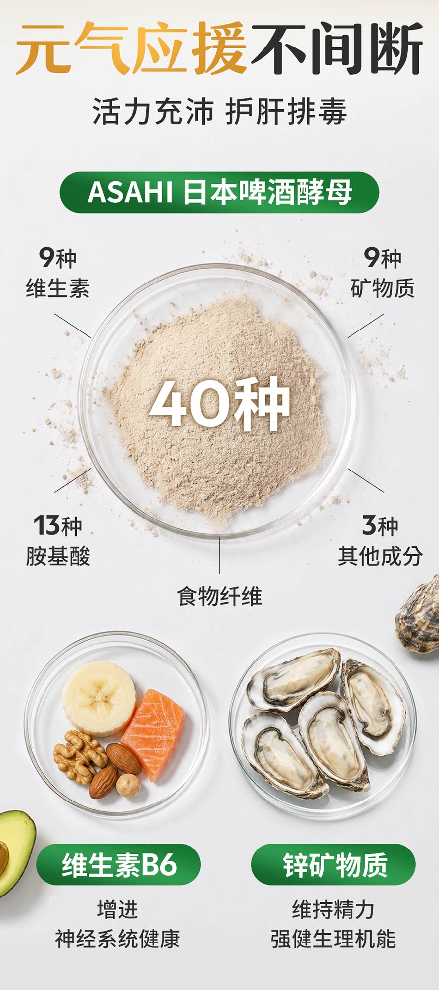 日本啤酒酵母有高达40种不同营养素,富含维生素、矿物质、胺基酸、食物纤维等