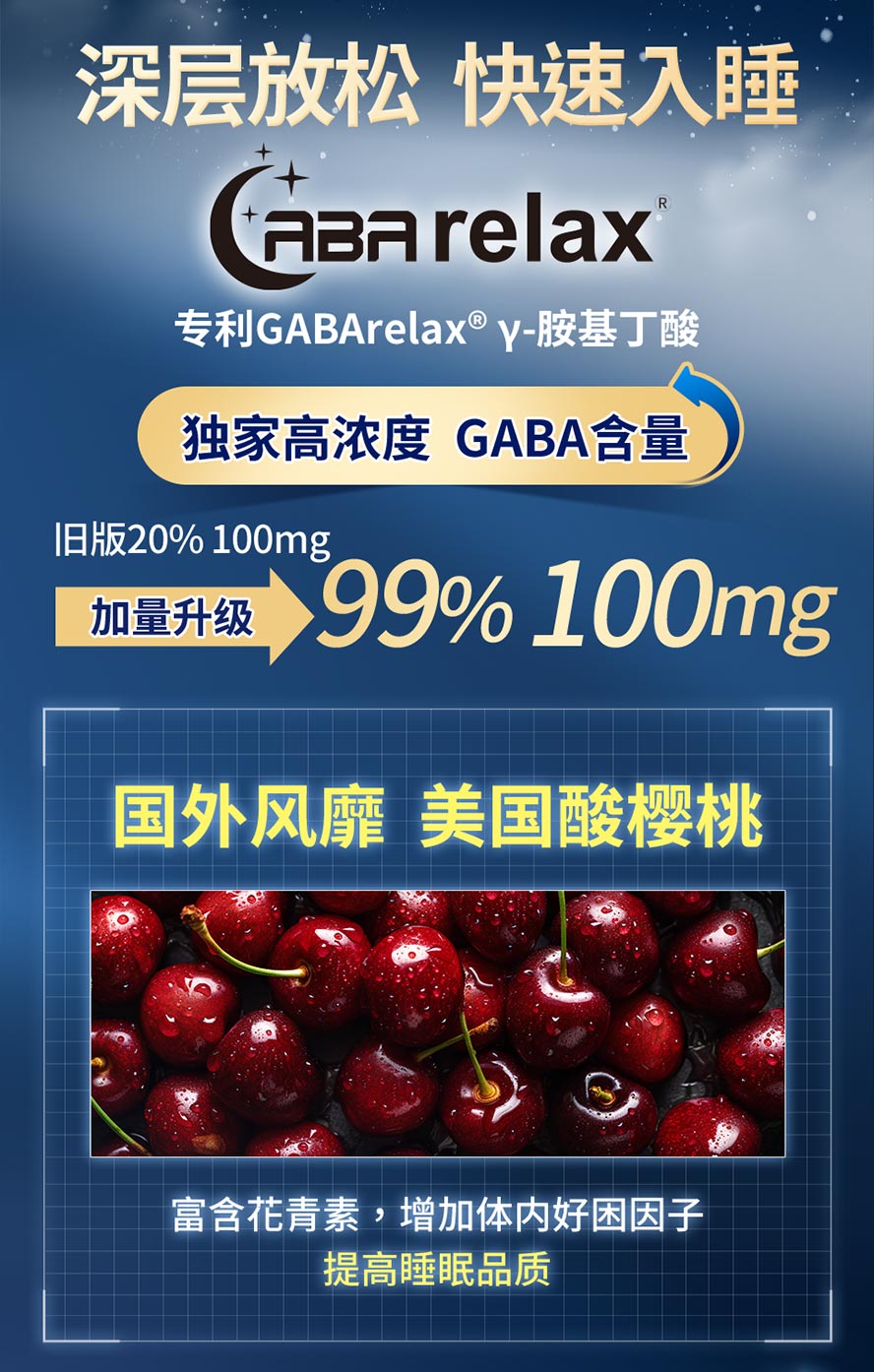 慢性疲劳难以入睡、精神差，专利GABA帮助放松身心，搭配，美国酸樱桃，进入深层睡眠