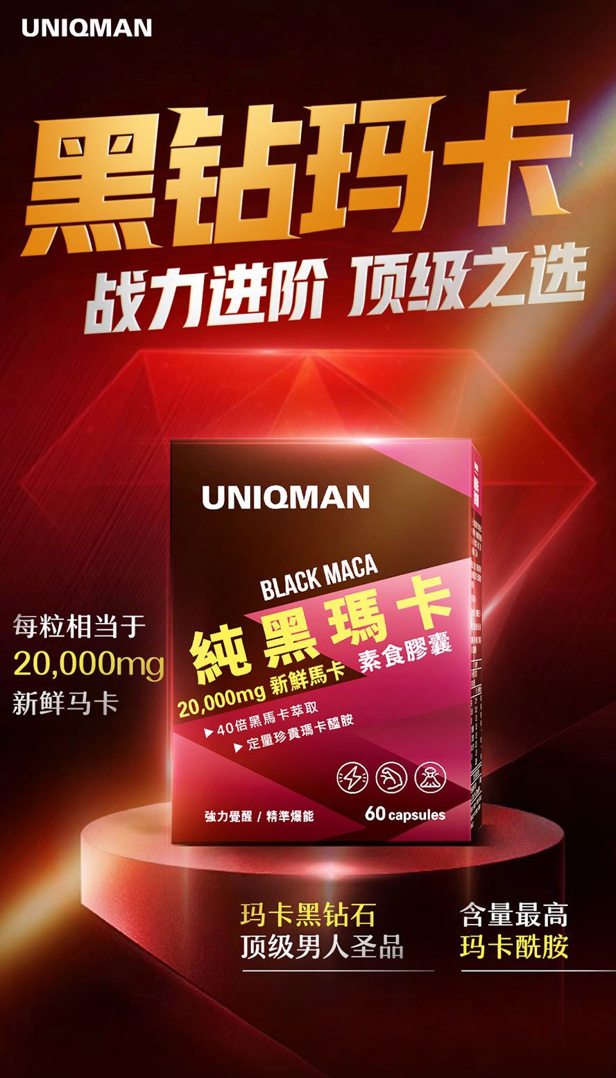 UNIQMAN黑钻玛卡40倍浓缩，秘鲁顶级黑玛卡，每颗20,000mg新鲜马卡，男人最强活力补给首选