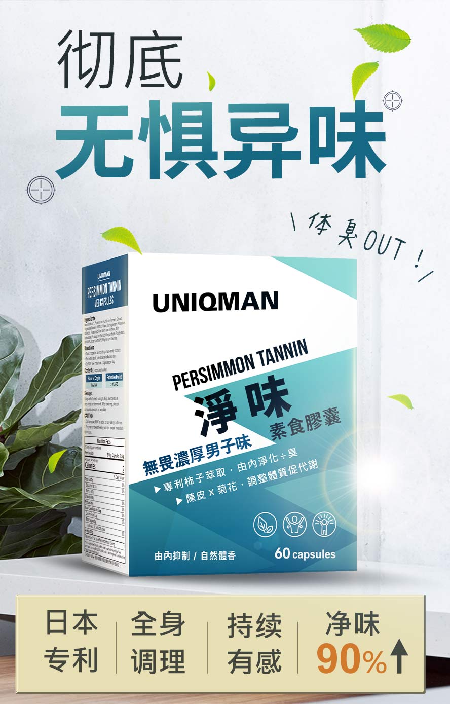 补充uniqman净味胶囊，四周即可有效去除口臭、狐臭及脚臭。