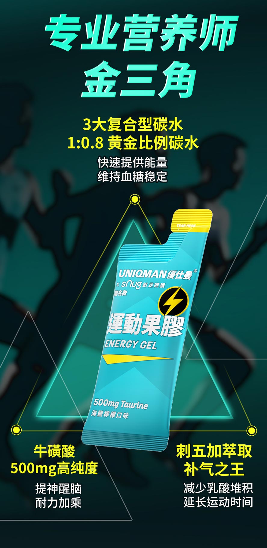 能量运动果胶胶每包添加500mg牛磺酸+刺五加萃取，延长运动耐力，减少乳酸堆积，让你后半程还能冲刺