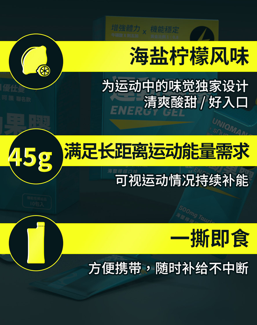 运动果胶海盐柠檬口味，酸甜清爽风味，运动中撕开补充好入口、零负担，马拉松运动员、健人、铁人最爱口味