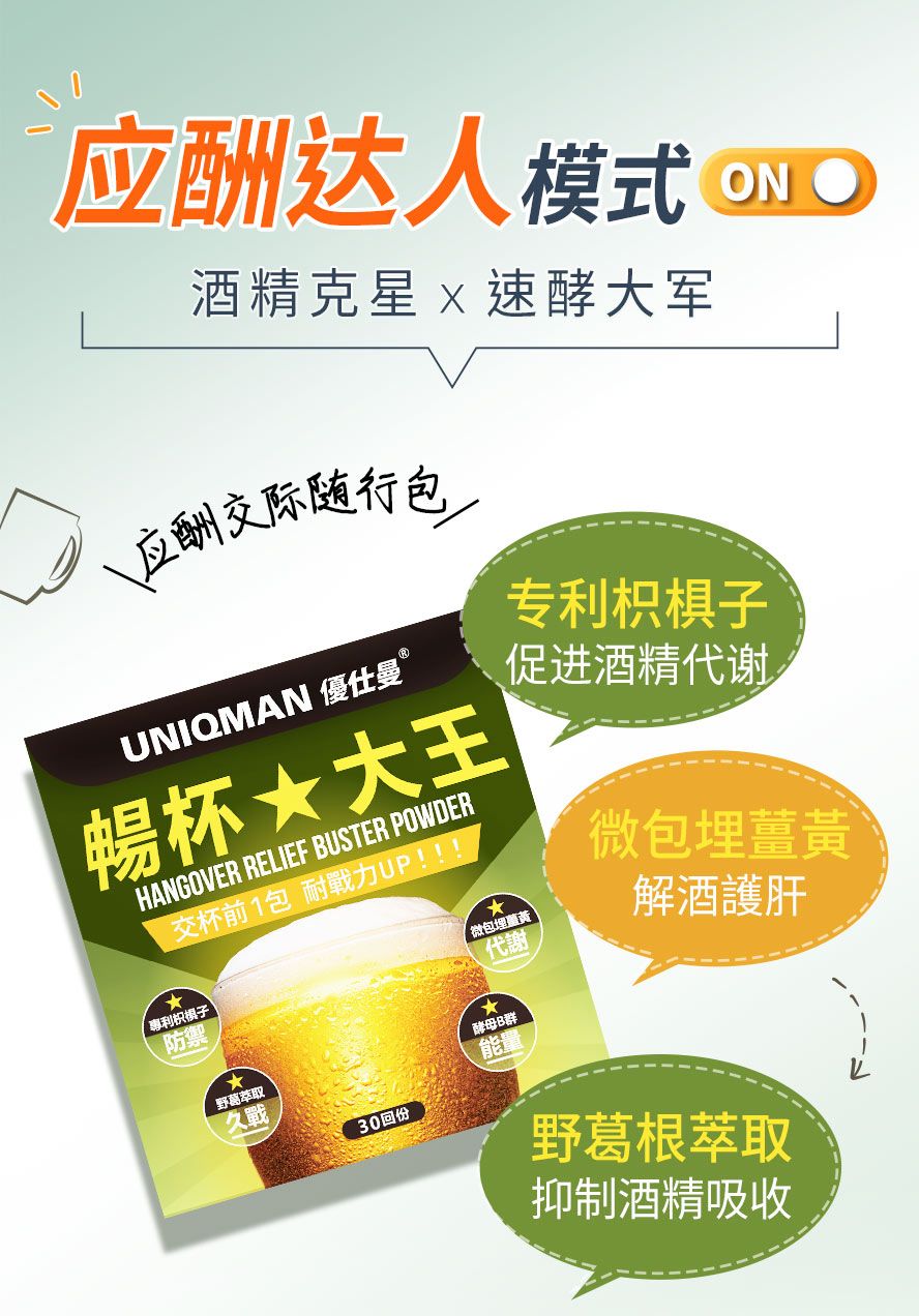 畅杯大王粉有助促进代谢酒精、减缓酒后不适感及宿醉。