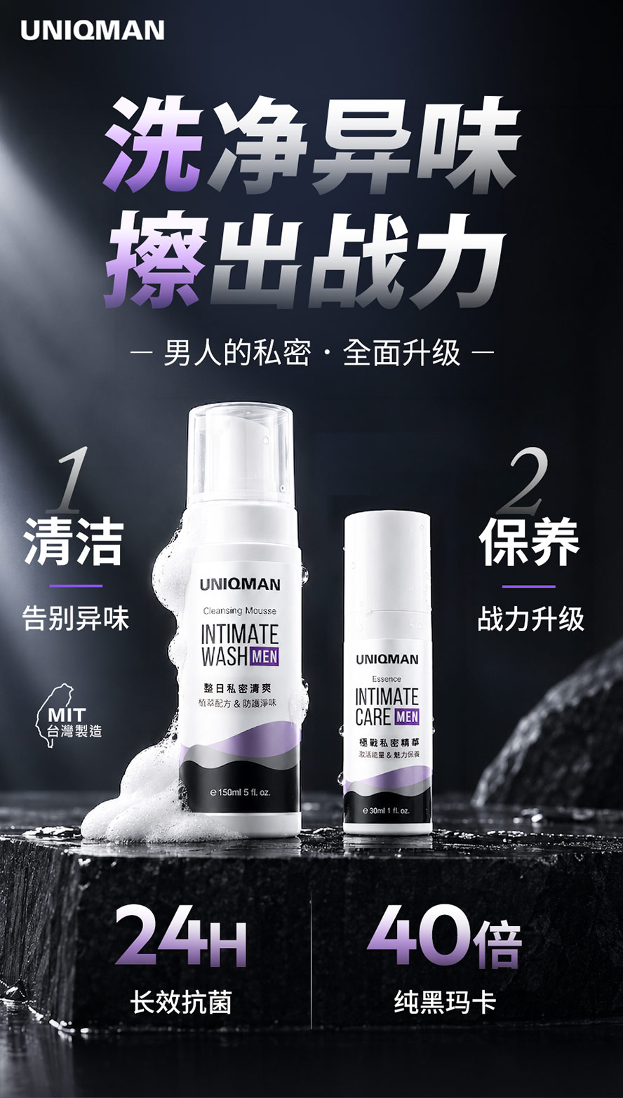 UNIQMAN制霸洗护组，私密慕斯洗净异味、私密精华深层保湿，24小时长效抗菌，搭配40倍纯黑玛卡，男人私密保养全面升级